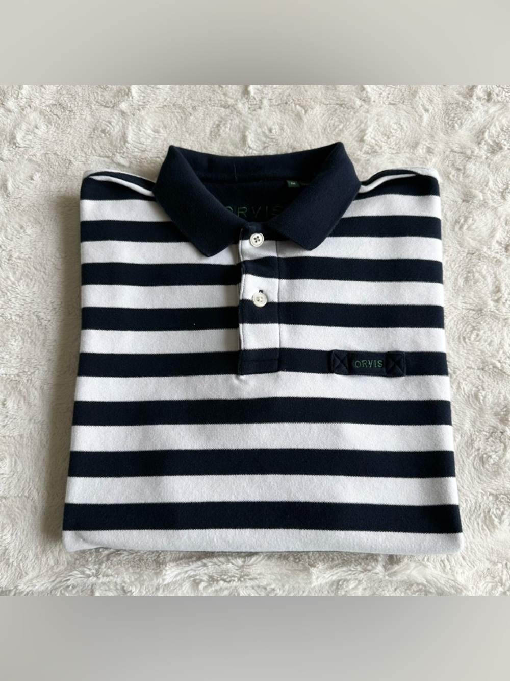 Orvis Polo Shirt Mens Medium Navy White Striped Cotton Fishing Nautical Sailor